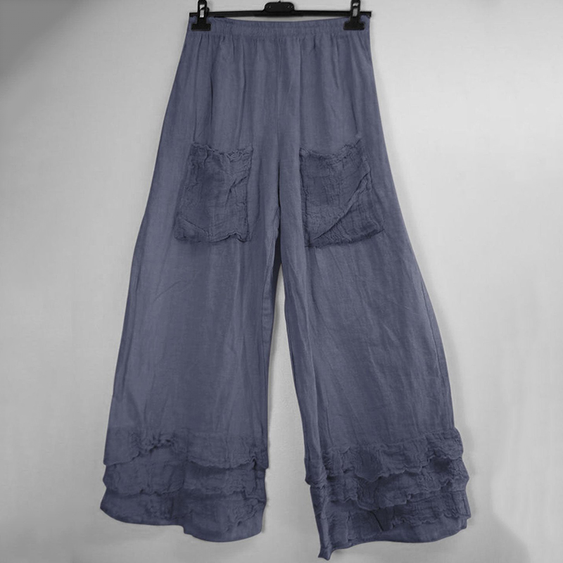 Solid Ruffle Hem Pocket Cotton Linen Pants