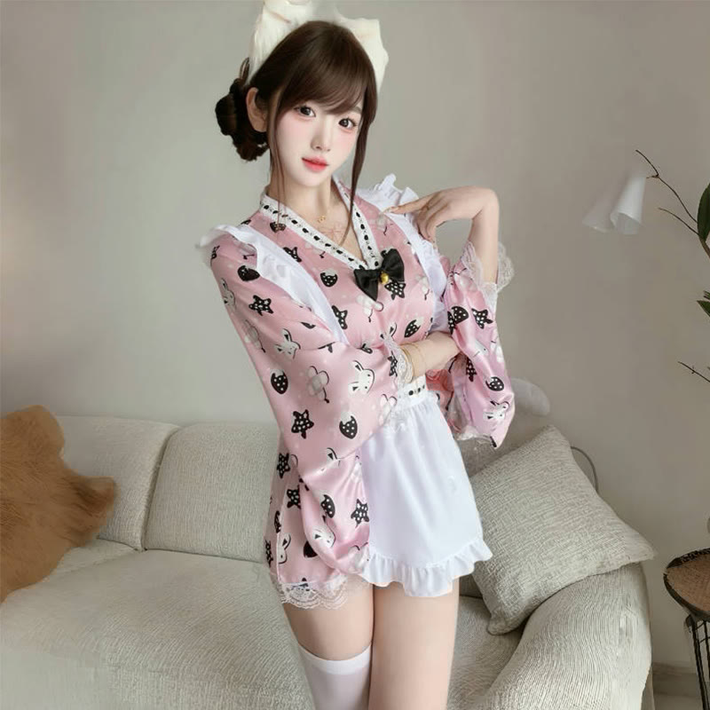 Maid Lace Bow Bunny Print Kimono Lingerie Dress