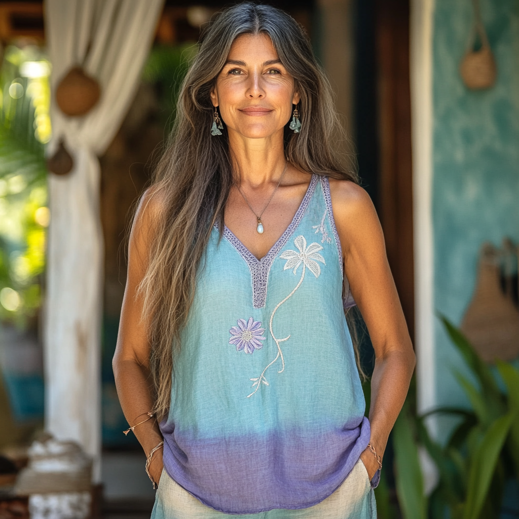 Women's Retro Loose Gradient Bohemia Ethnic Style Linen V-neek Sleeveless Top