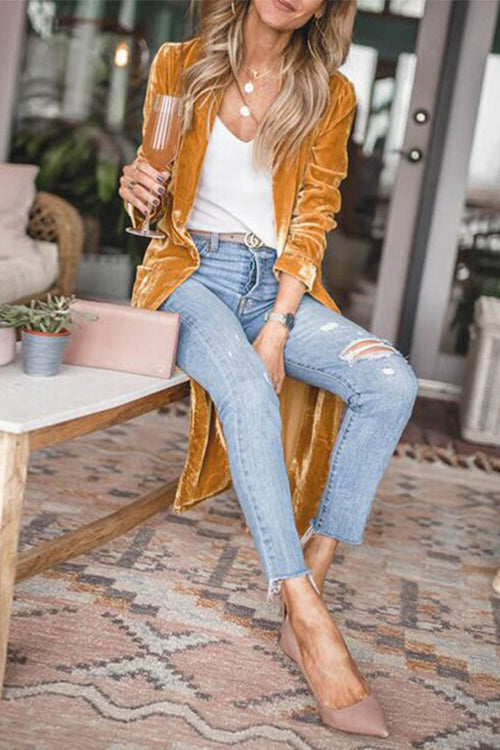 Heididress Stylish Lapel Open Front Long Sleeve Velvet Coat