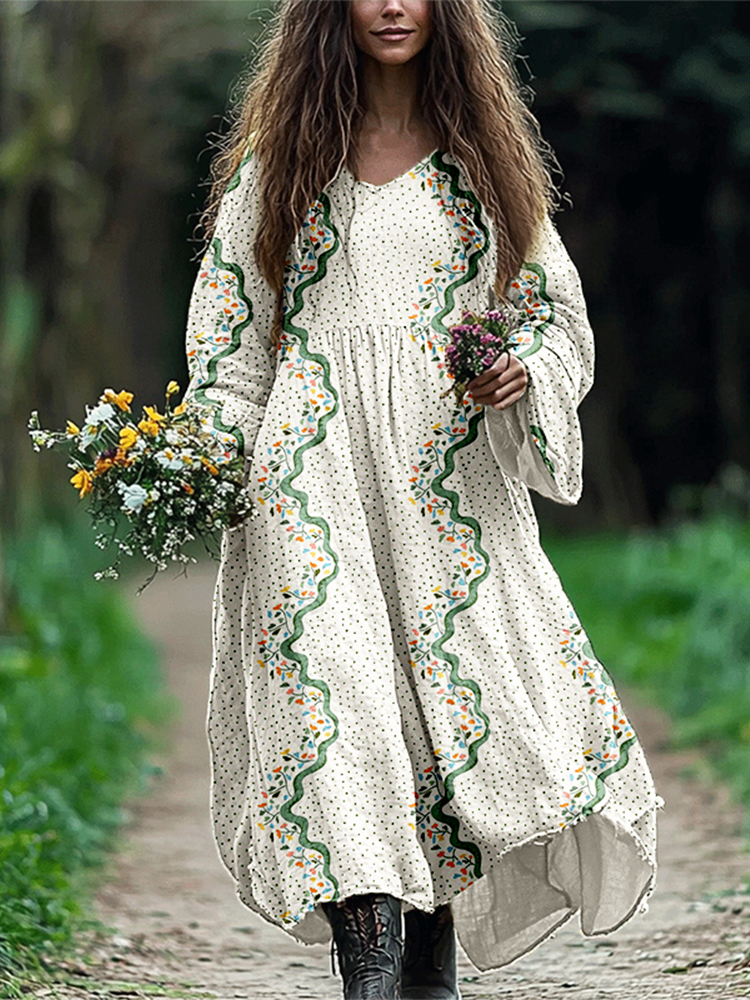 Vintage Boho Floral Flowy Linen Blend Maxi Dress