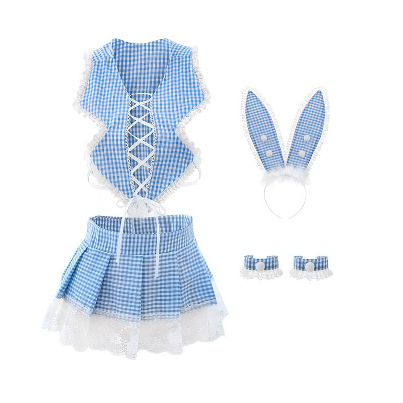 Cosplay Rabbit Lattice Print Top Short Skirt Lingerie Set