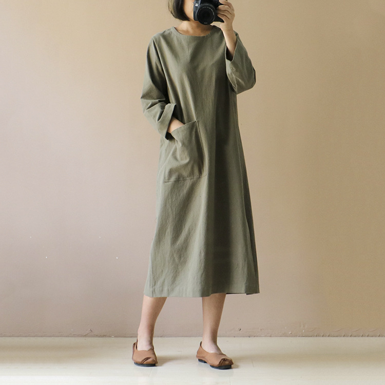 Literary Retro Long-Sleeved Cotton Linen Midi Dress