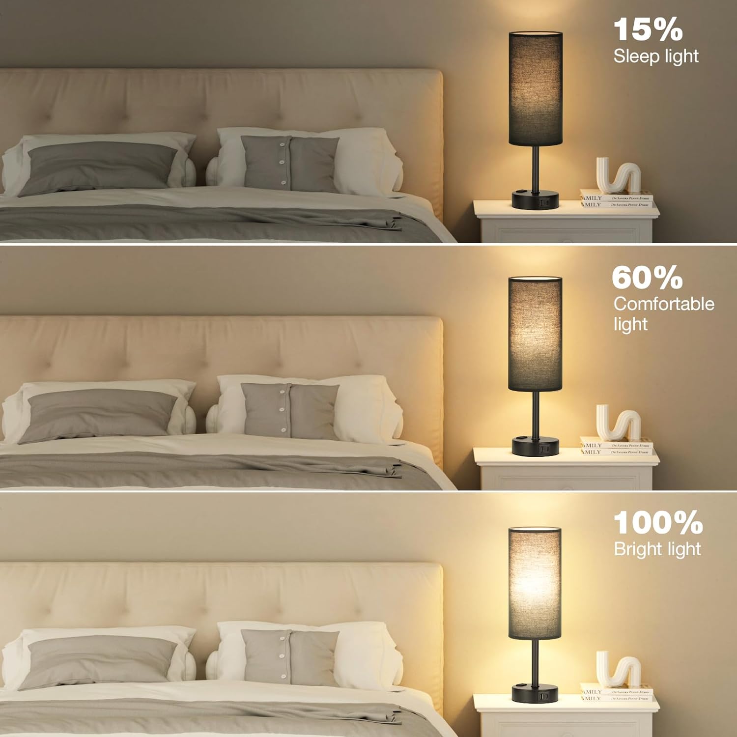 Bedside Table Lamp for Bedroom - 3 Way Dimmable Touch Lamp USB C Charging Ports and AC Outlet, Small Lamp Wood Base Round Flaxen Fabric Shade for Living Room, Desk, LED Bulb Included