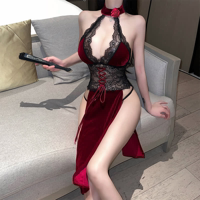 Rose Halter Sexy Lace Split Cheongsam Lingerie Dress