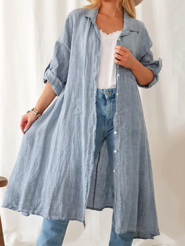 Casual Patch Pocket Long Sleeve Fluttering Tunic