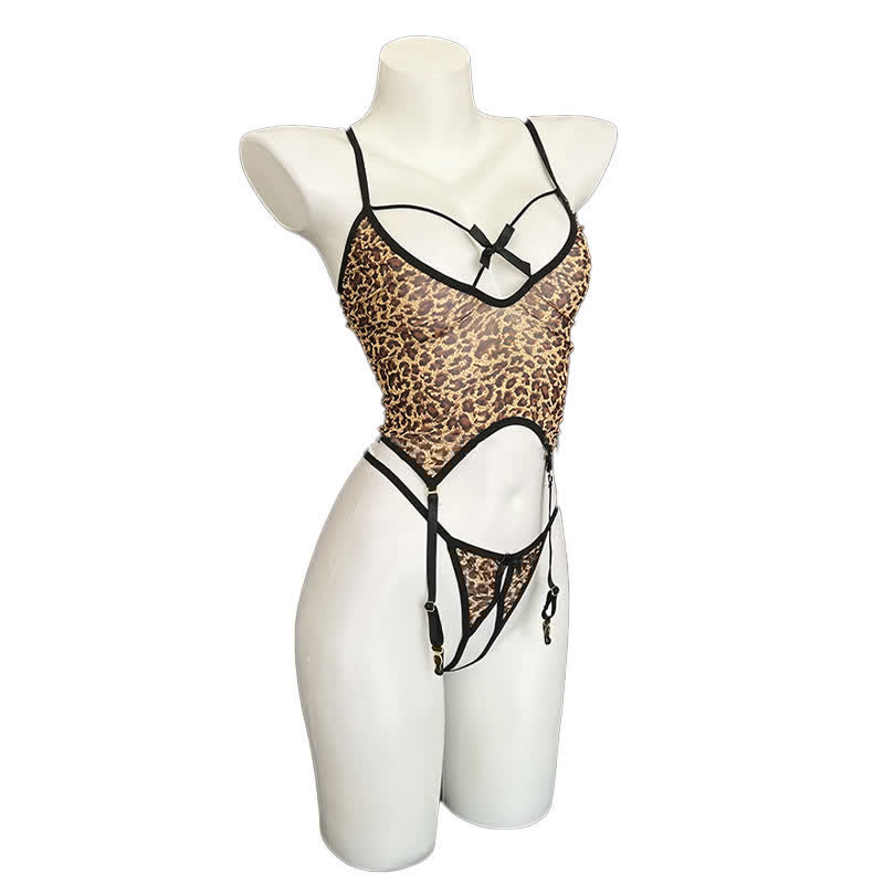 Leopard Print Deep V-neck Hollow Out Sexy Lingerie