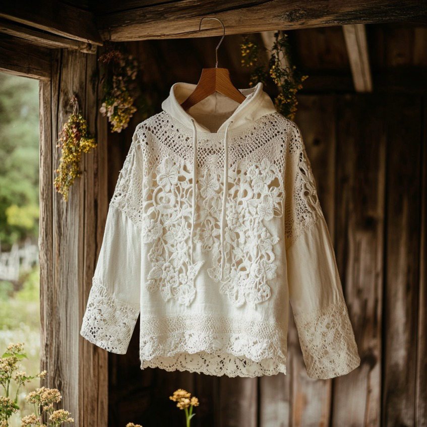 Women's Floral Lace Embroidery Patchwork Art Hoodie