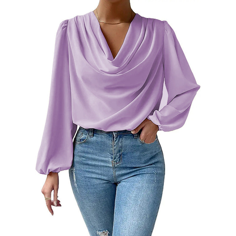 Summer Chiffon Draped V-neck Long-Sleeved Shirt, Loose Fit Top
