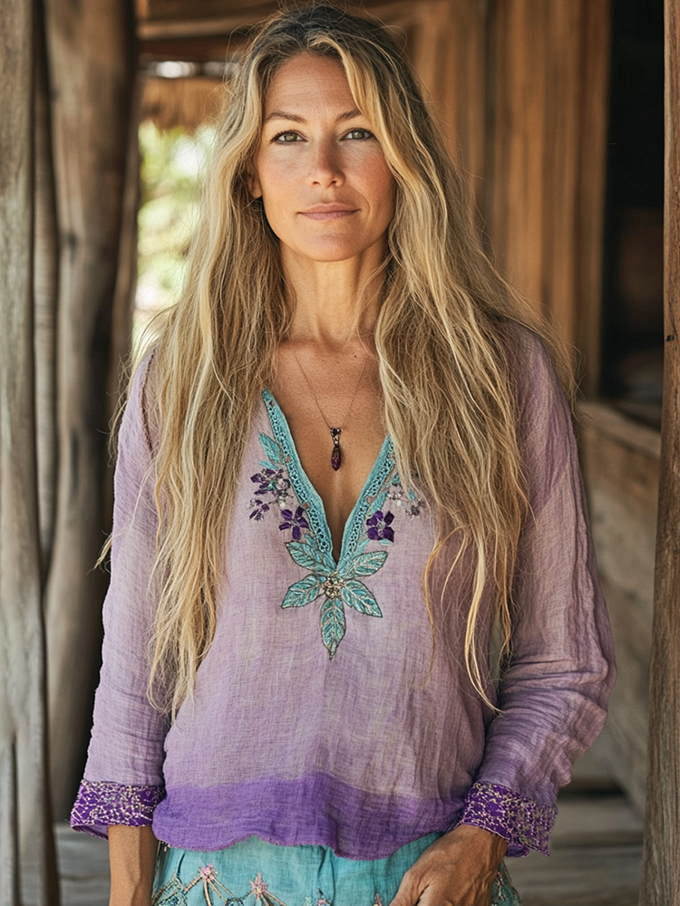 Boho Floral Tribal Embroidery Print Cotton And Linen Blend Loose Blouse