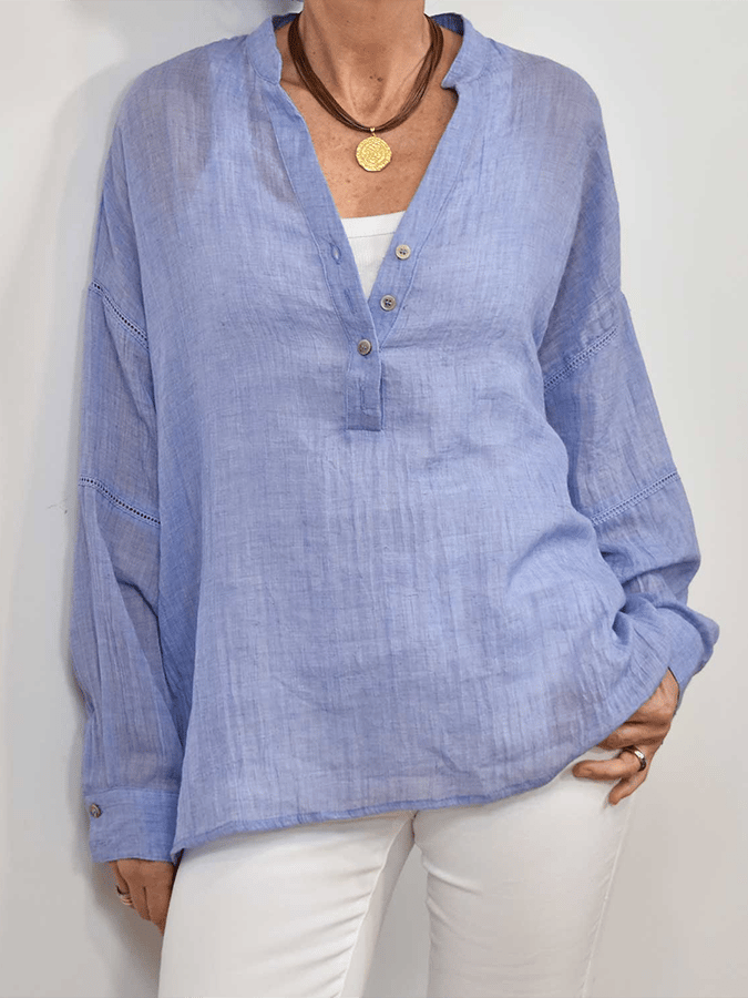 Women's Solid Color V-Neck Lace Splicing Design Casual Cotton And Linen Shirt