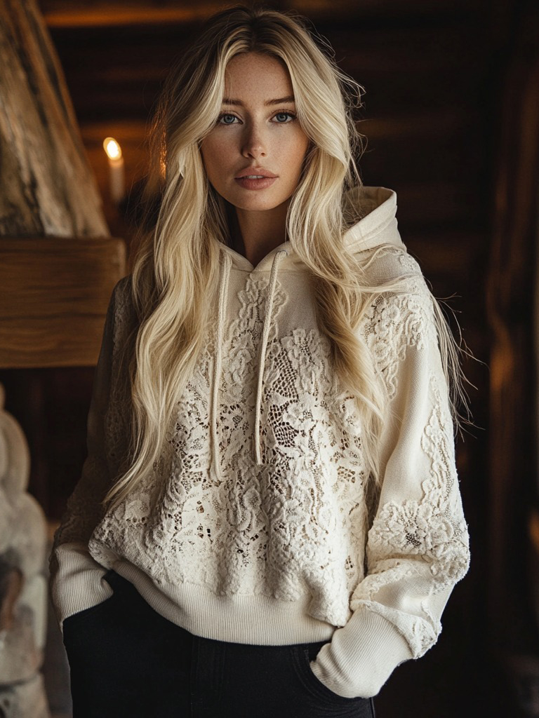 Women's Floral Lace Embroidery Patchwork Art Hoodie