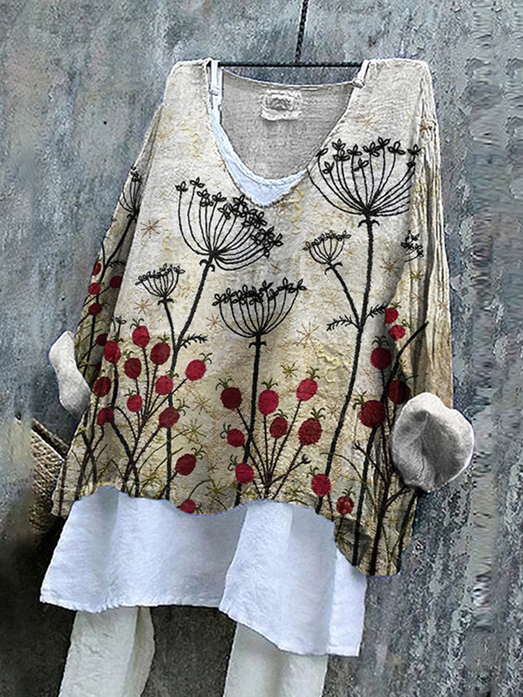 Floral Embroidered Art Linen Blend Tunic