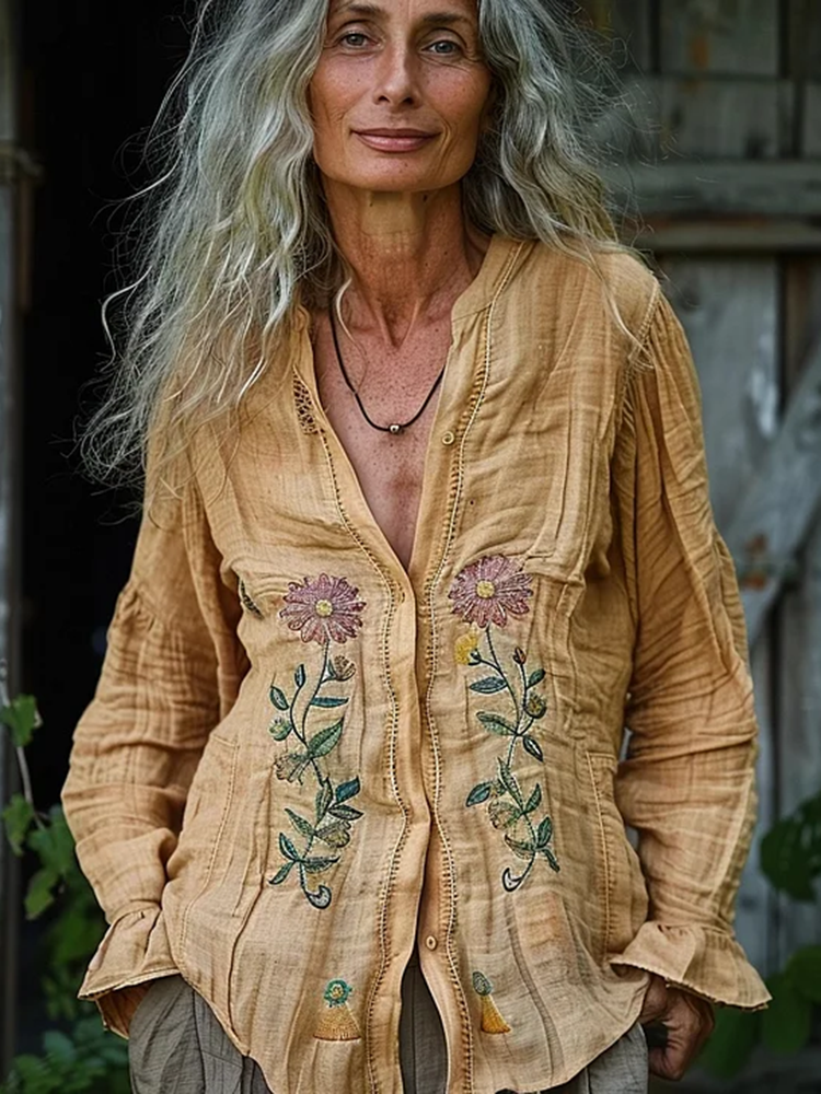 Bohemian Style Linen Floral Art Print  Long Sleeve Shirt