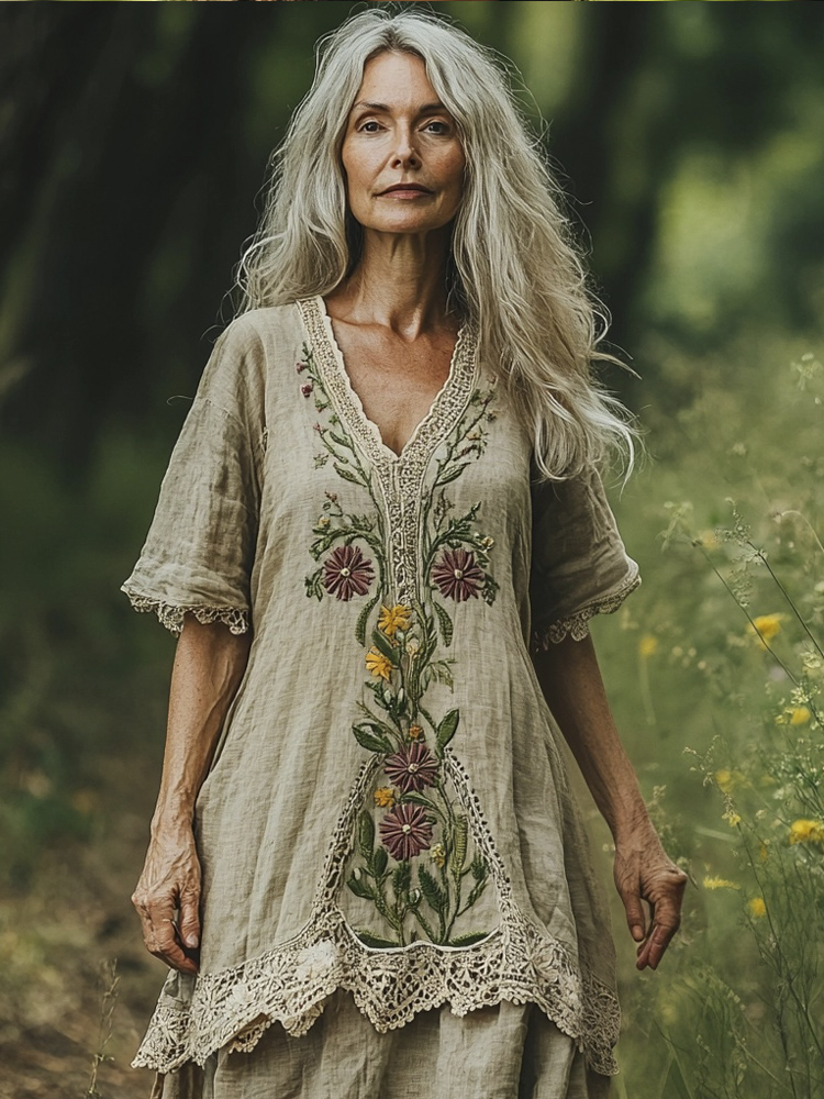 Vintage Floral Lace Patchwork Embroidery Women's Linen V-neck Maxi Dress