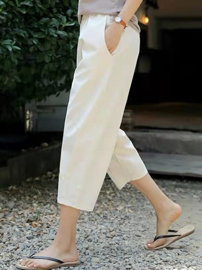 Women's Solid Color Loose Elastic Waist Casual Cotton And Linen Pants