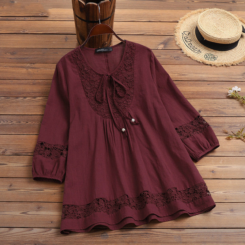 Temperament Sleeve Loose Women's Top: Cotton and Linen Stitching with Lace Detail