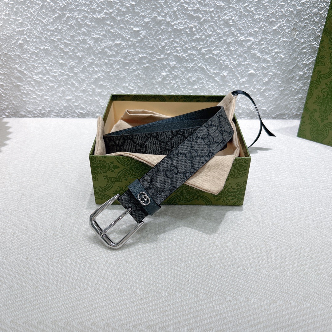 Gucci Supreme canvas pin buckle leather belt 3.5cm wide