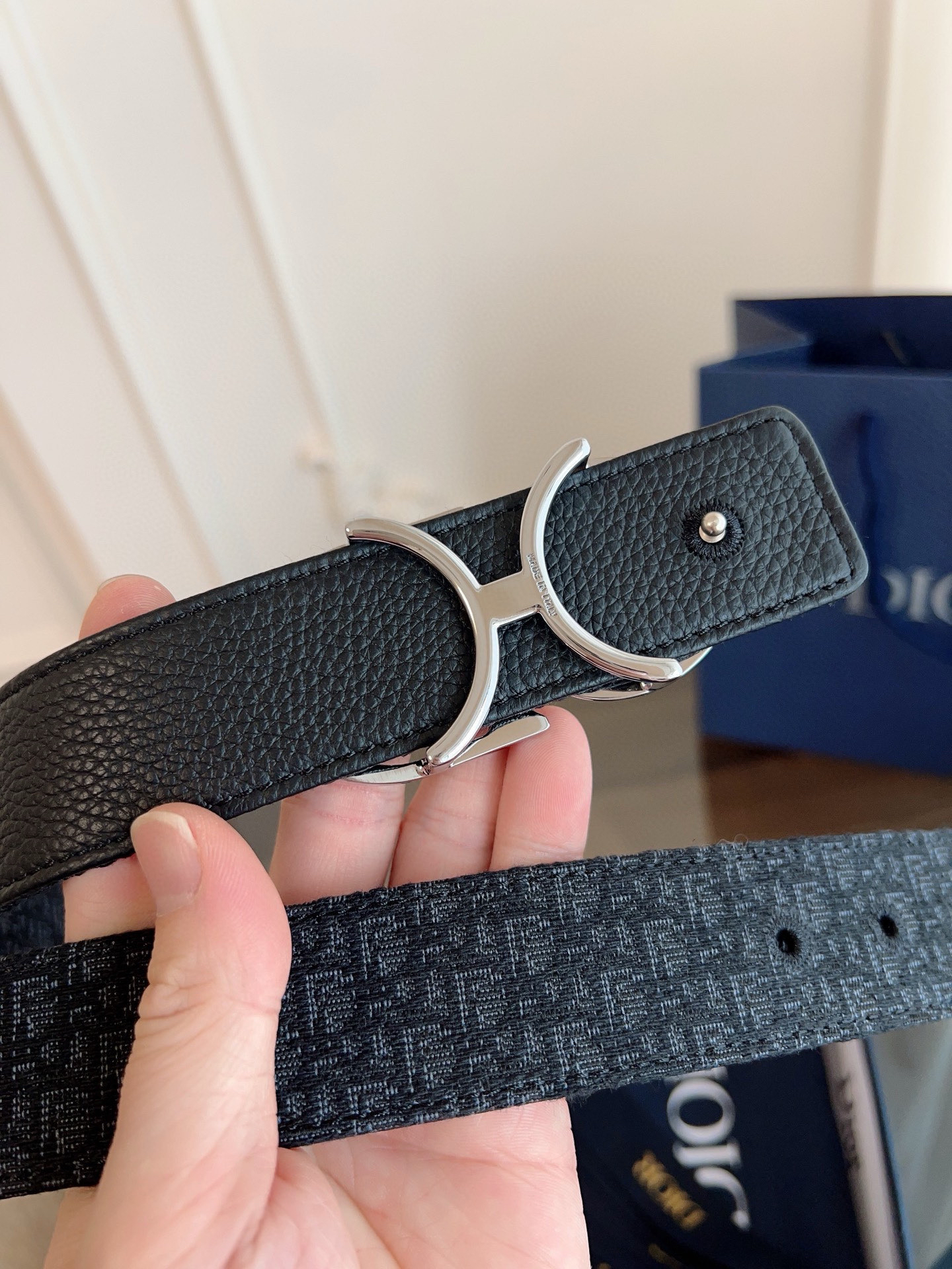 Dior Oblique Blue Cloth Black Cowhide Leather Strap 3.5cm Wide