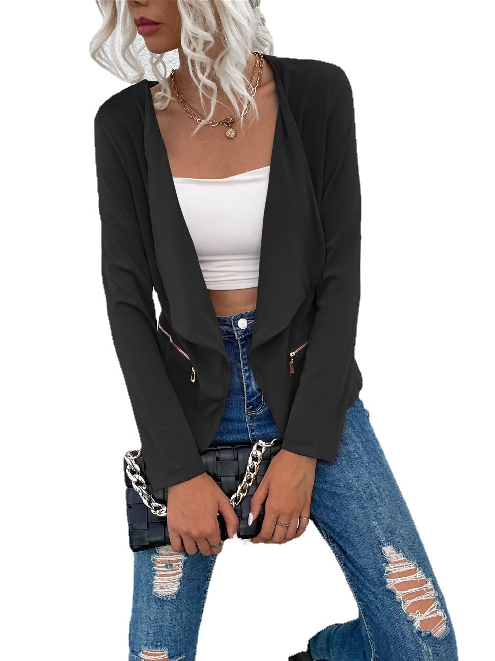Suit Jacket with Lapel and Zipper Closure in Solid Color