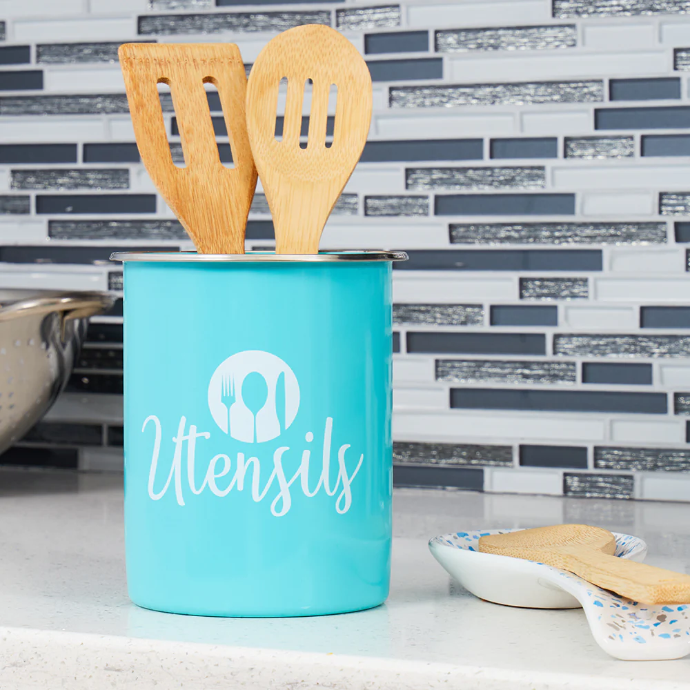 Home Basics Utensils Cutlery Holder with Steel Rim, Turquoise, 5x6 Inches