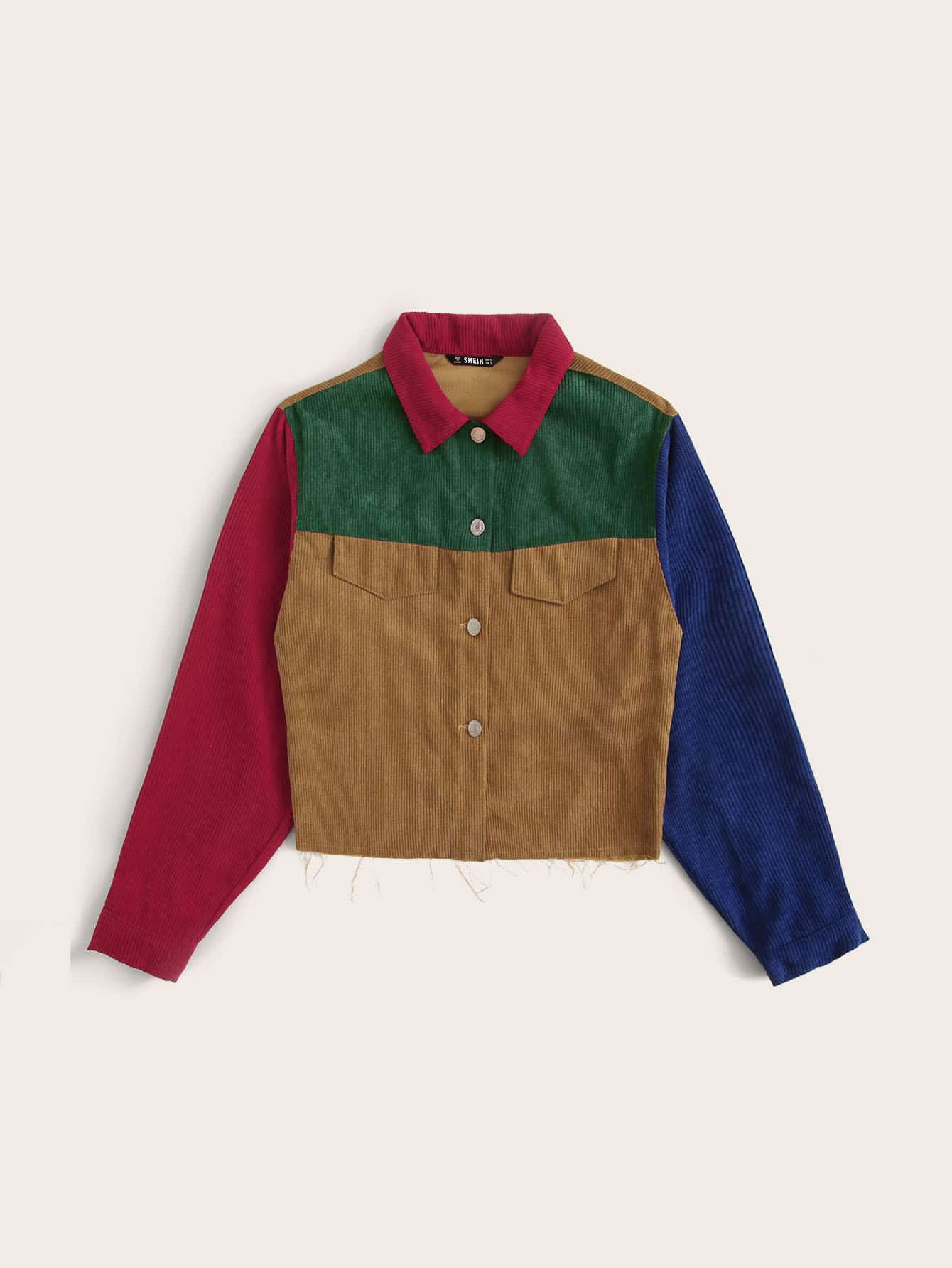SHEIN Flap Detail Colorblock Corduroy Jacket