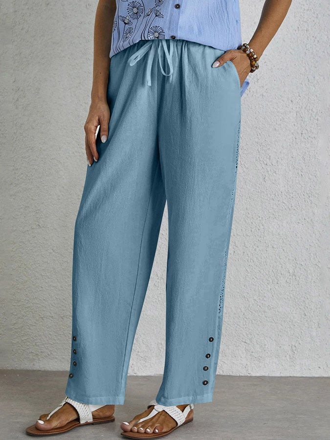 Casual Elegant Lace-Up With Pockets Buttons Lace Side Cotton Linen Trousers