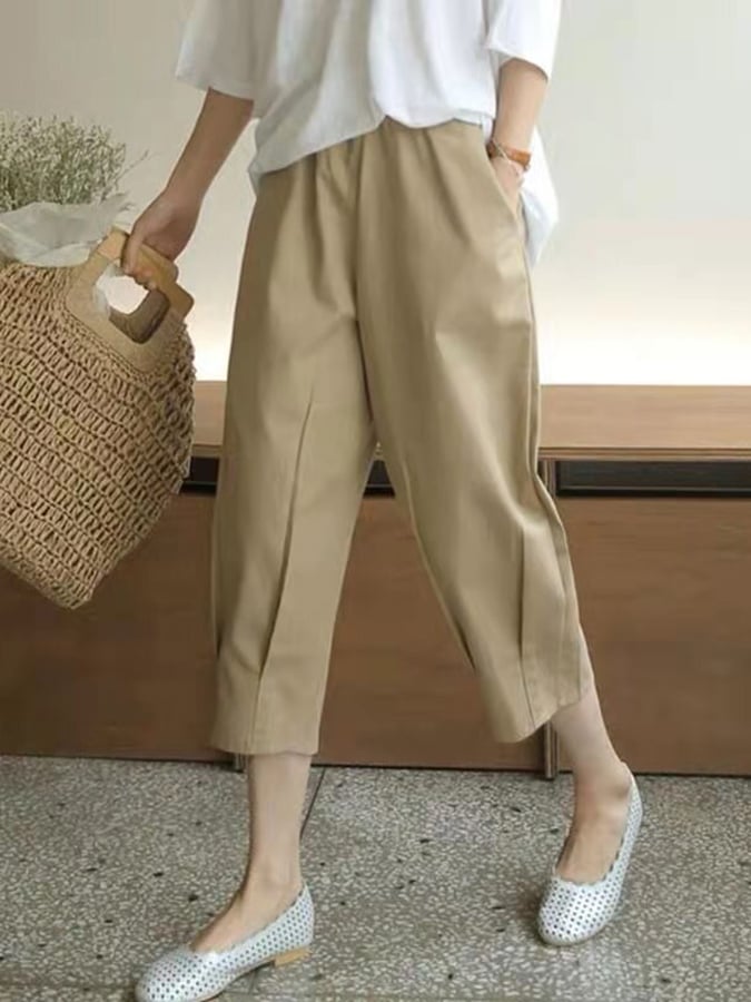 Women's Solid Color Loose Elastic Waist Casual Cotton And Linen Pants