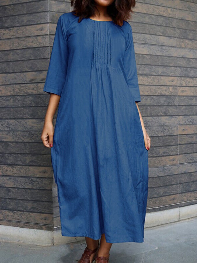 Women's Casual Pleated Cotton And Linen Dress