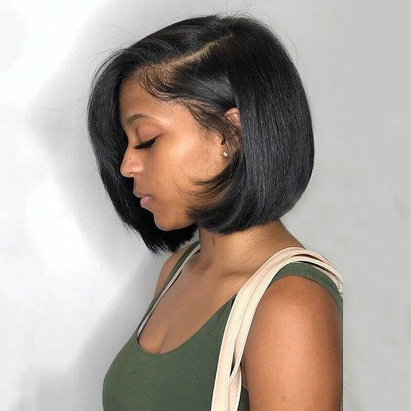 Lunawigs African American Female Black Side Parted Short Straight Wig