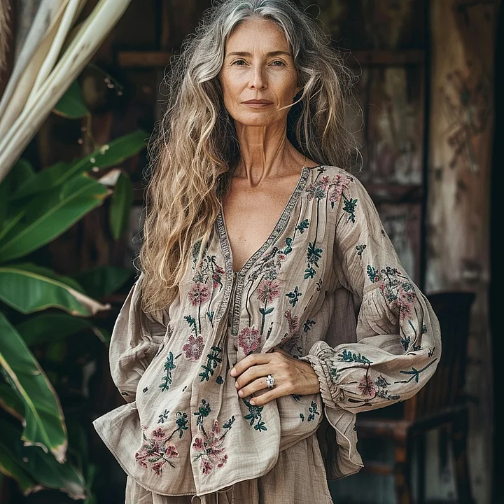 Bohemian Floral Linen Art Print Long Sleeve V-neck Shirt