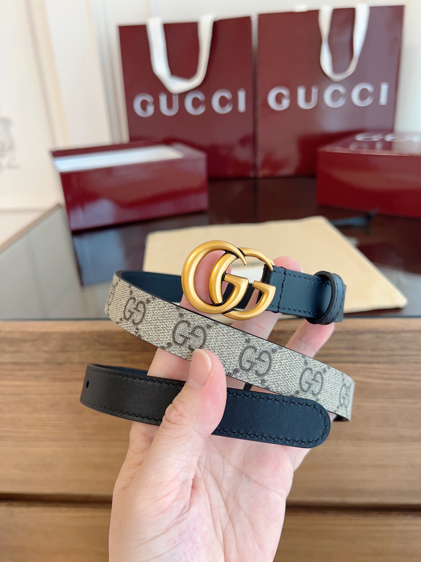 Gucci Double G steel buckle women's cowhide double-sided belt width 2.0cm
