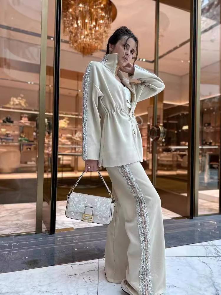 Contrast Drawstring Elastic Top Casual Pants Sequined Suit