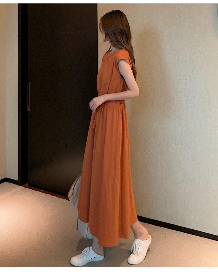 Retro Dress Women Summer Gentle Elegant Can Waist Trimming Loose plus Size Cotton Linen Large Swing Dress
