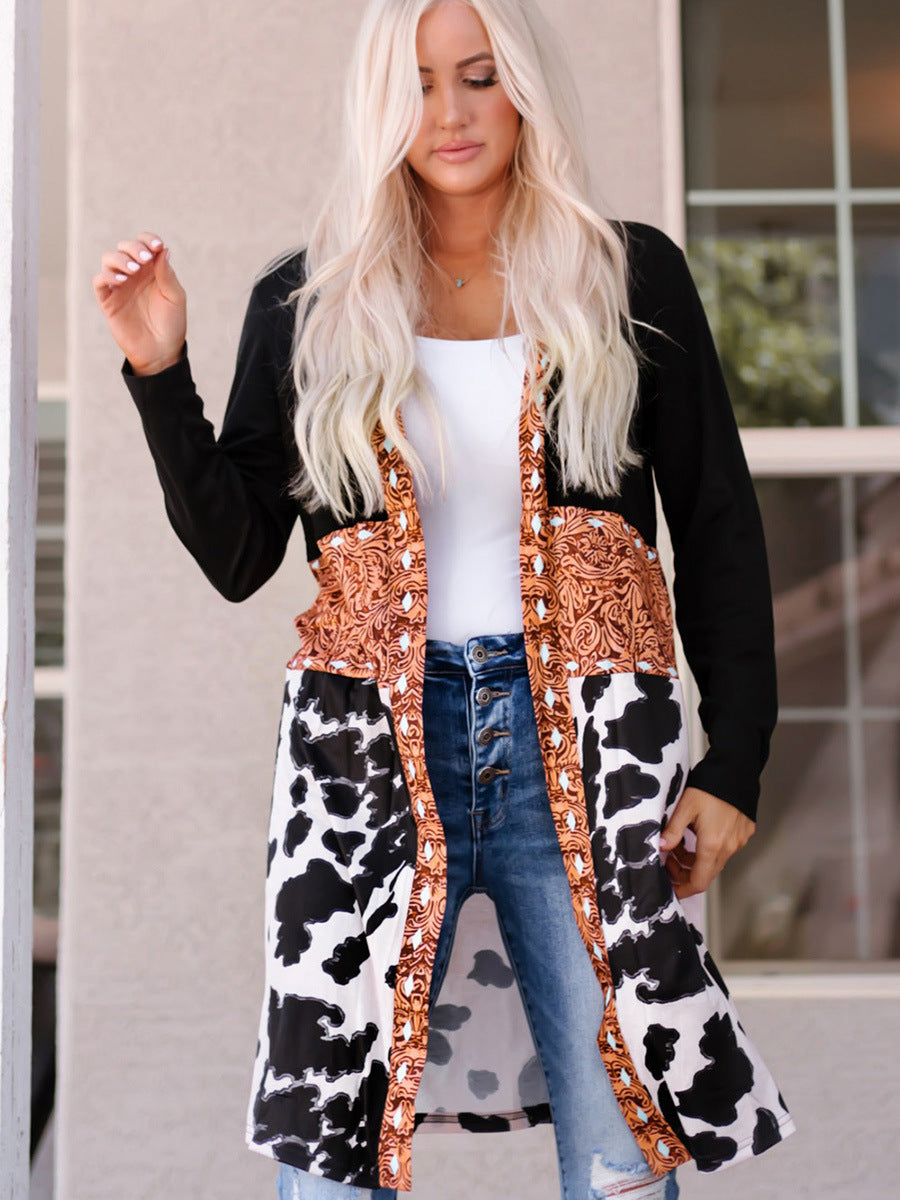 Western Denim Patchwork Knitted Cardigan Printed Coat
