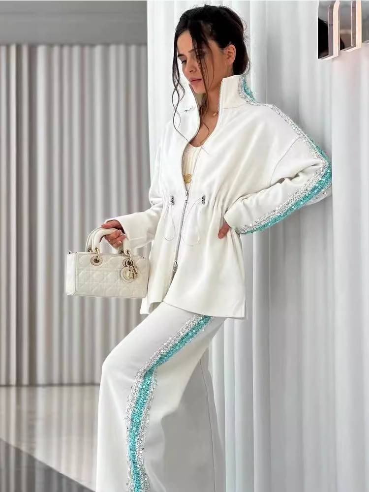 Contrast Drawstring Elastic Top Casual Pants Sequined Suit