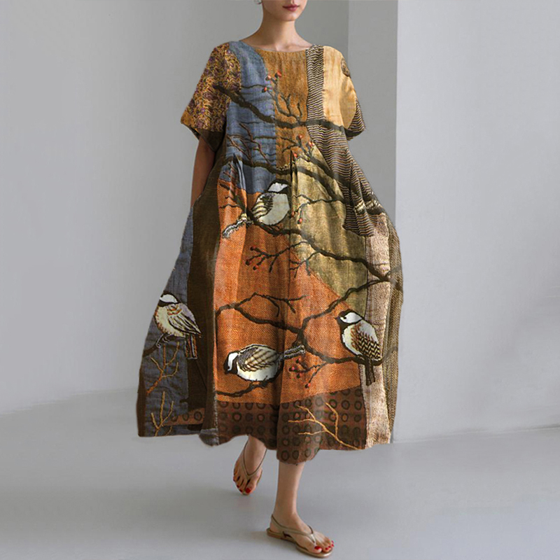 Women's Vintage Patchwork Bird Pattern Linen Blend Shirt