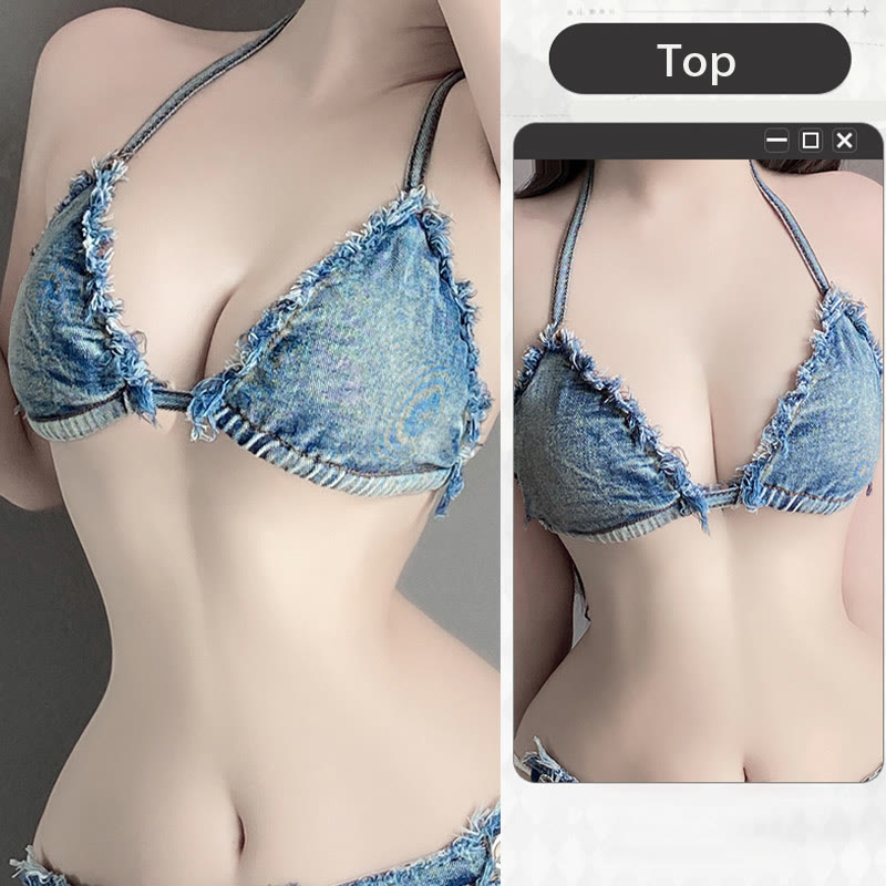 Sexy Denim Bikini Top Hollow Out Shorts Lingerie Two Pieces