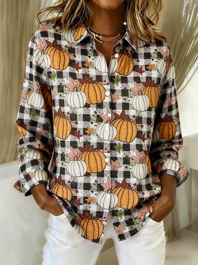 Women's Casual Contrast Color Autumn And Winter Retro Plaid Pumpkin Print Women's Shirt