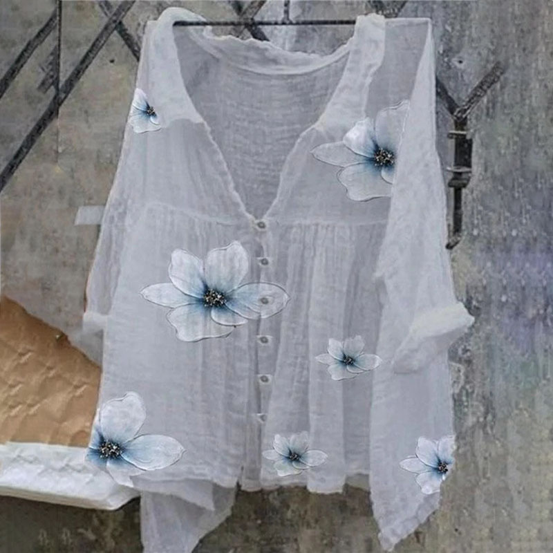 Long Sleeve Printed Cotton Linen Loose Shirt