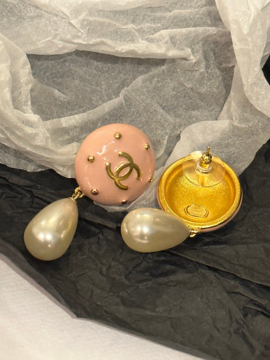 Chanel Pink Double C Pearl Earrings