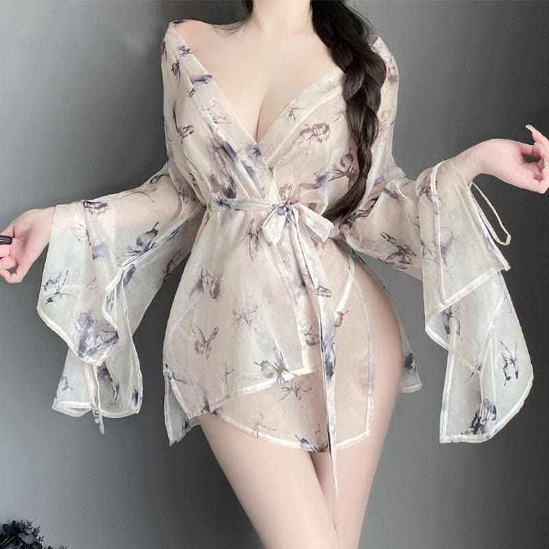 Sexy Butterfly Print See-through Kimono Lingerie Set