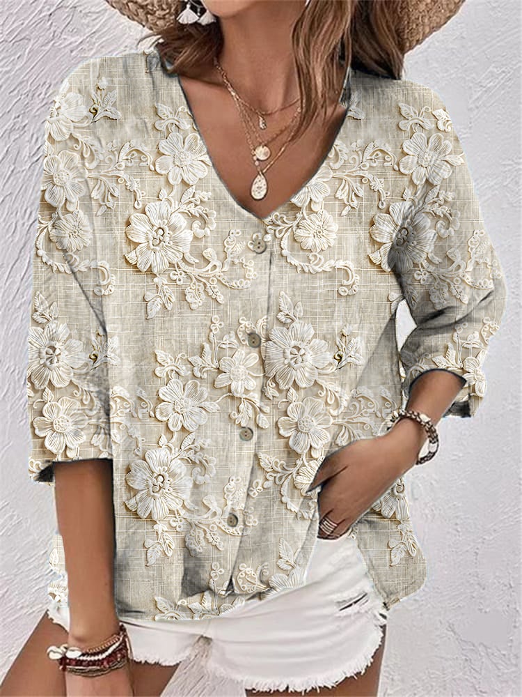 Women's Floral Embroidery Printed Cotton And Linen Top