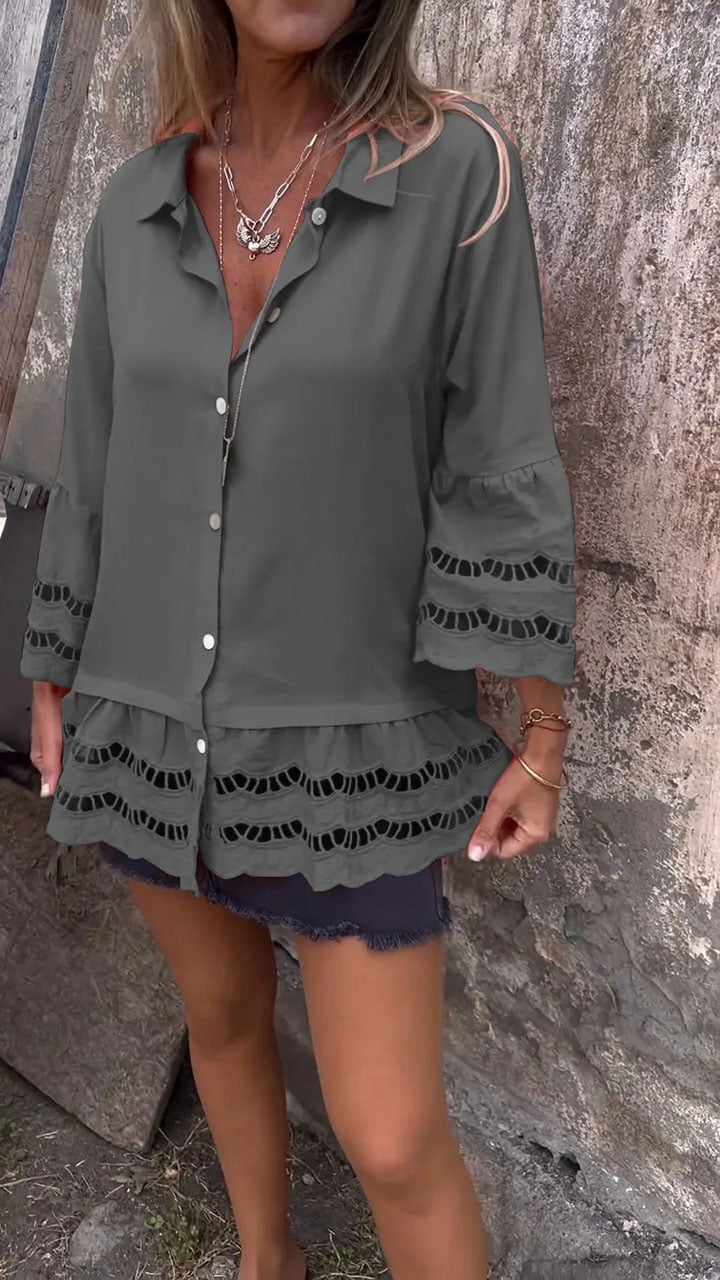 Mid-sleeve Shirt with Hollow Patchwork Design (Buy 2 Free Shipping)