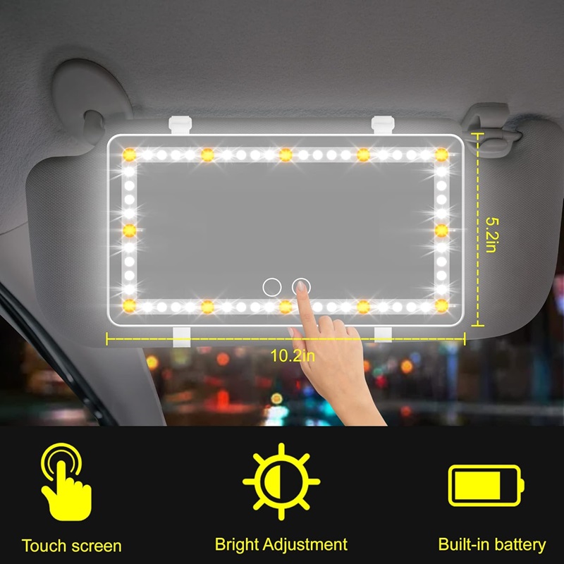 Car Sun Visor Vanity Mirror Rechargeable with Dimmable Touch Screen 3 Light Modes & 60 LEDs