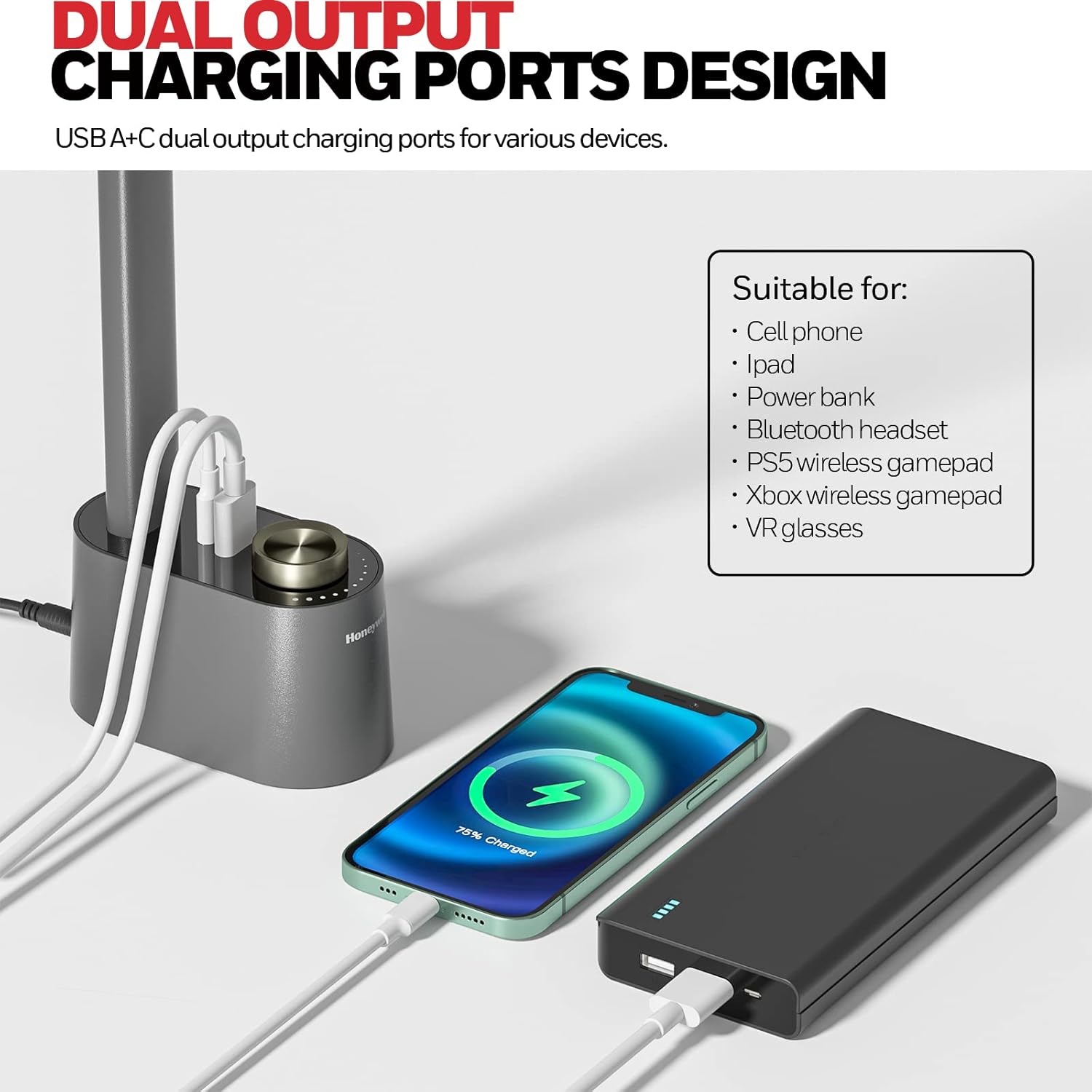 Honeywell Desk Lamp Home Office - LED Lighting with Charging Station A+C USB Port for Small Spaces Bedroom Reading Crafts HWT-H01 Black