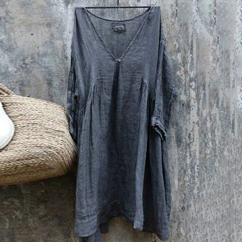 Vintage Loose Fitting V-Neck Long Sleeved Midi Dress