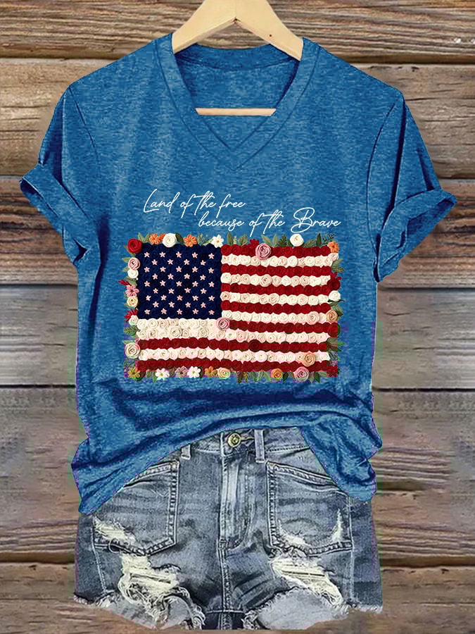V-Neck Retro Independence Day Land Of The Free Because Of The Brave Print T-Shirt