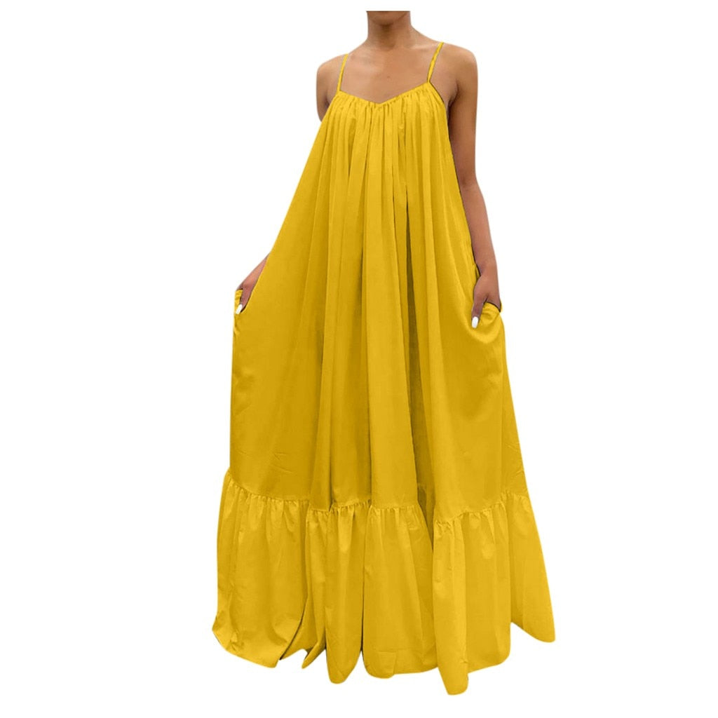 Women Plus Size Casual Solid Strap Dress Pocket Loose Backless Big Swing Dress