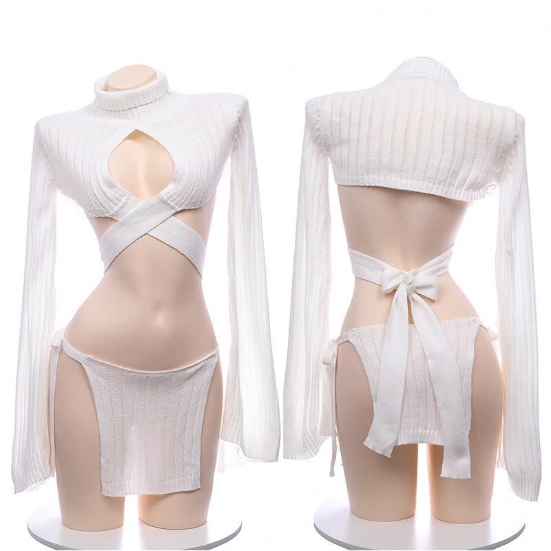 Knit Lace Up Hollow Out Long Sleeve Lingerie Dress